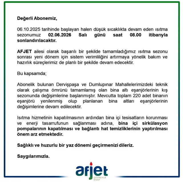 Afjet Isıtma Sezonunu Bitirdi 1