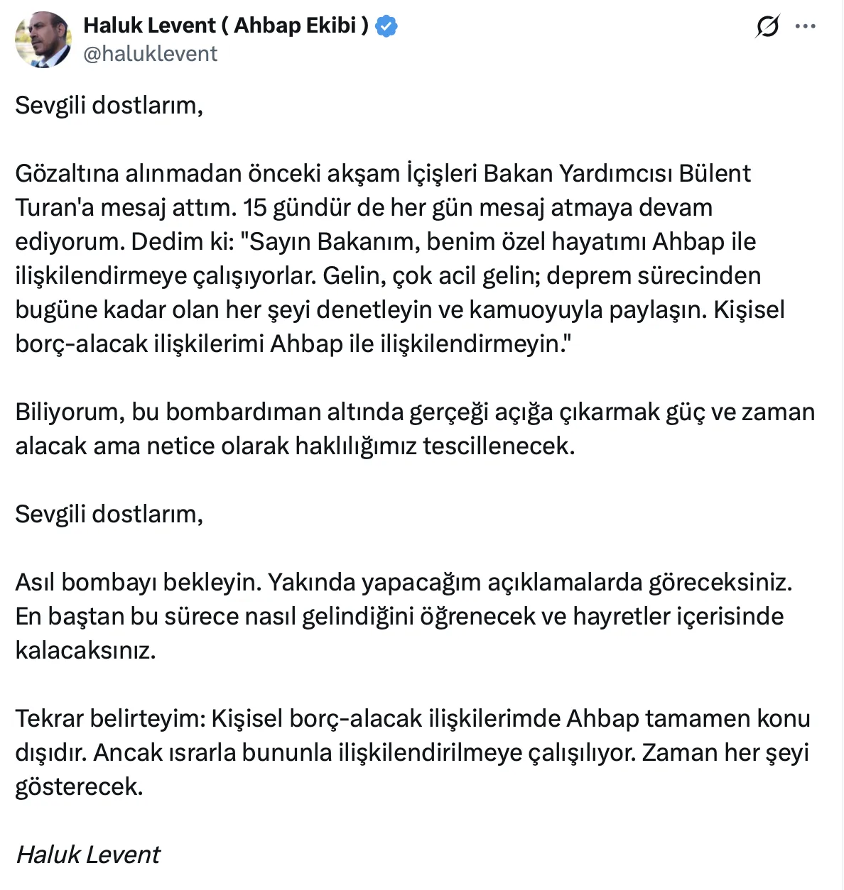 Haluk Levent Açiklamasi