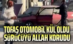 Tofaş otomobil kül oldu, sürücüyü Allah korudu