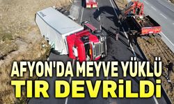 Afyon'da meyve yüklü tır devrildi