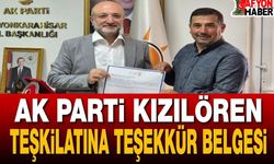 AK Parti Kızılören Teşkilatına Teşekkür Belgesi