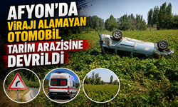 Afyon’da virajı alamayan otomobil tarım arazisine devrildi
