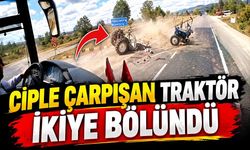 Ciple çarpışan traktör ikiye bölündü