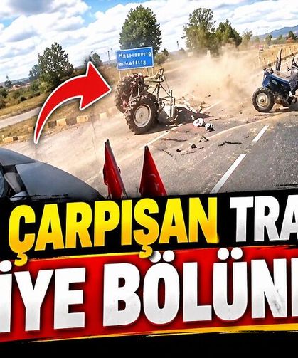 Ciple çarpışan traktör ikiye bölündü
