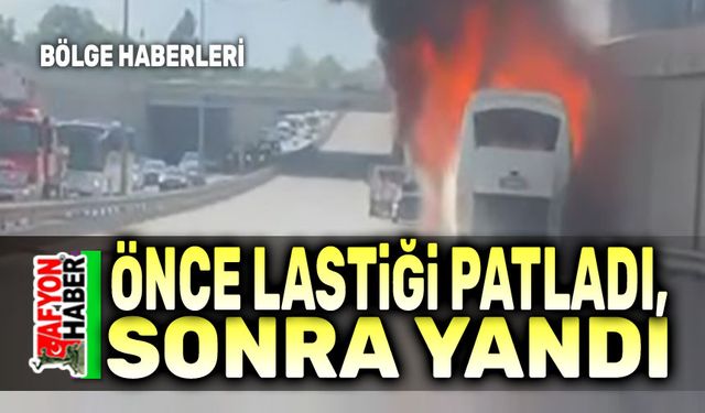 Lastiği patlayan işçi servisi yandı