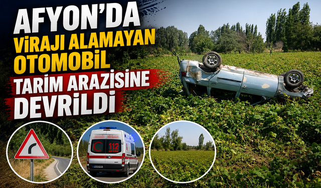 Afyon’da virajı alamayan otomobil tarım arazisine devrildi