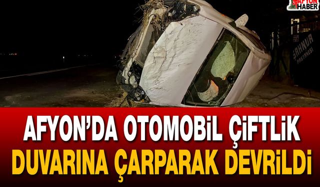 Afyon’da otomobil çiftlik duvarına çarparak devrildi