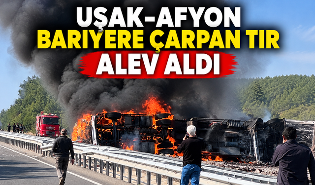 Uşak-Afyon yolunda bariyere çarpan tır alev aldı