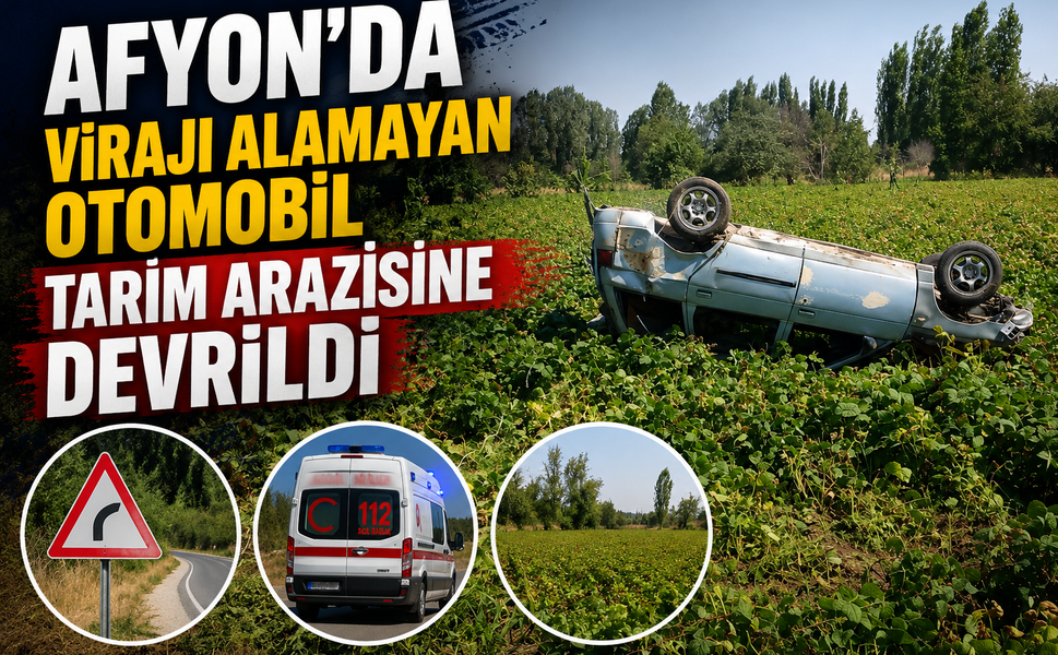 Afyon’da virajı alamayan otomobil tarım arazisine devrildi