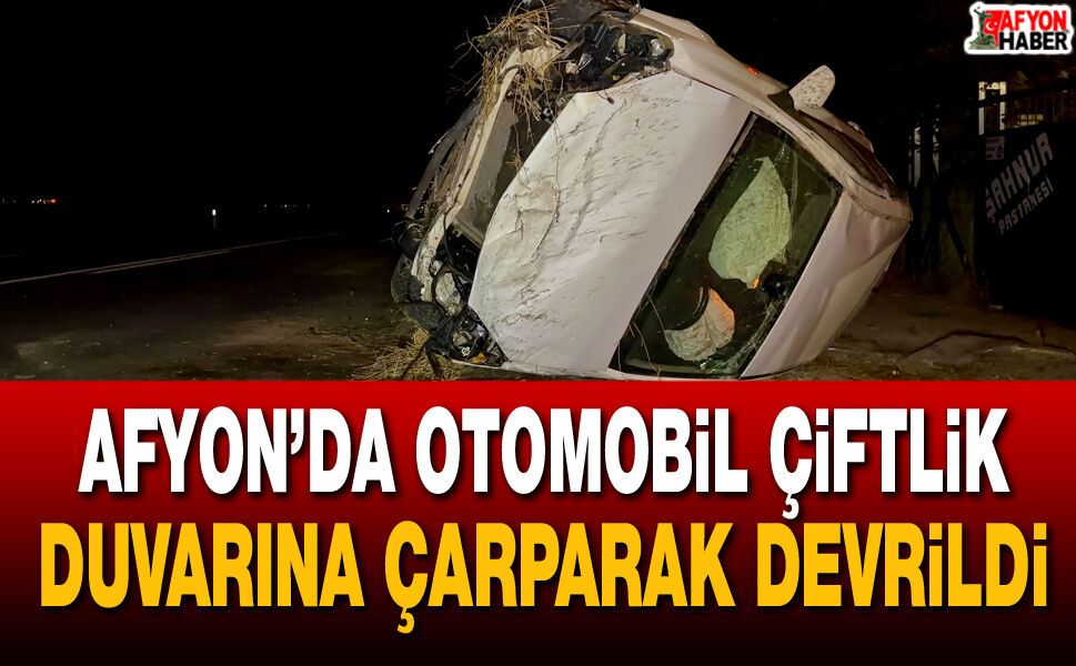 Afyon’da otomobil çiftlik duvarına çarparak devrildi