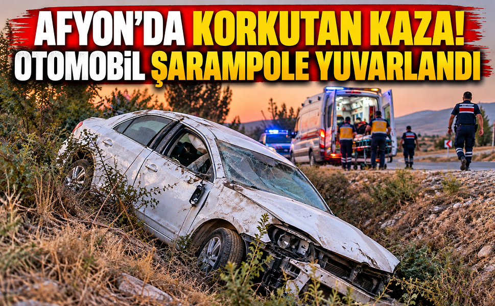 Afyon’da korkutan kaza! Otomobil şarampole yuvarlandı